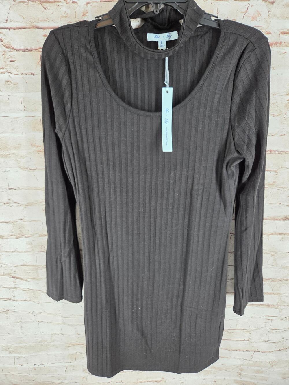 She & Sky Black Long Sleeve Dress with Collar NEW Large